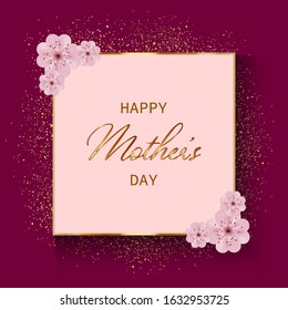 Happy Mother's Day greeting card, banner, poster with light pink sakura flowers, gold frame and text on isolated crimson background