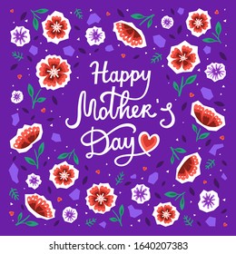 Happy Mothers day greeting card with hearts, red and purple flowers. Vector illustration in a modern style