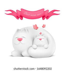 Happy Mother's Day greeting card with mother cat and little kitty. Vector illustration