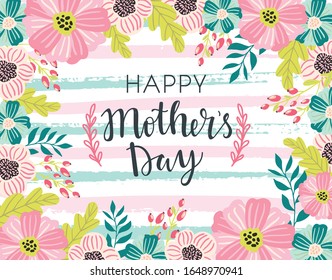 Happy Mother's day greeting card, poster, banner, flyer template. Spring floral frame with hand drawn scandinavian style flowers and leaves and stripes background. Typography lettering quote