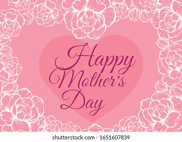 Happy Mothers Day greeting card vector illustration with white flowers on pink background. Lettering calligraphy in floral frame.