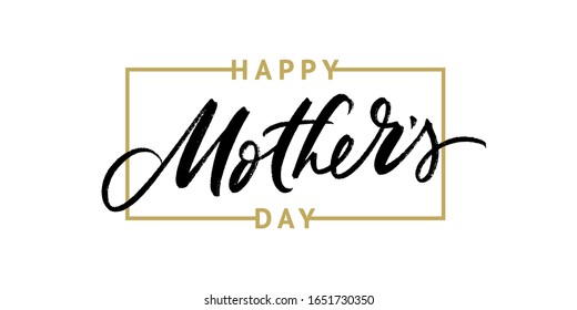 Happy Mother's Day greeting card. Vector brush lettering. Golden frame. Isolated.