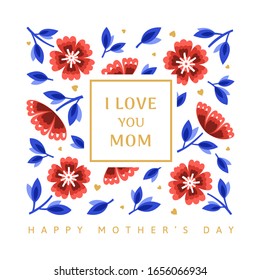 Happy Mothers day greeting card with gold hearts and red flowers. Vector illustration in a modern style