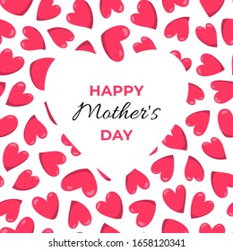 Happy Mother's Day greeting card on white background with red hearts. Vector isolated illustration. Postcard for mom with text. Can be used for web design, banners, posters, decoration of storefront.