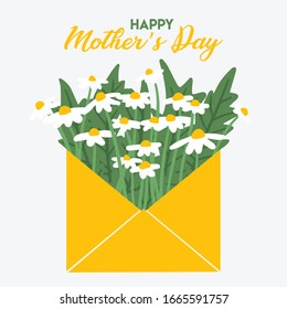 Happy Mother's Day greeting card. Envelope with a bouquet of chamomile flowers. Vector illustration can be used for invitation, greeting card, poster, flyer, banner etc. Mother's Day.