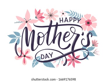 Happy mothers day greeting card with modern doodle flowers background. Happy mothers day typography poster as card, banner, print