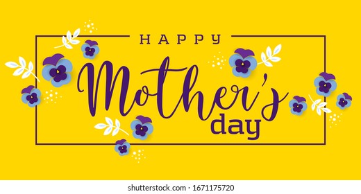 Happy mother's day greeting card template with pansies and leaves
