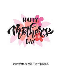 Happy Mother's Day greeting card. Hand drawn vector brush lettering with flower bouquet. Celebration text for advertising, invitation, web banner, poster, gift, flyer.