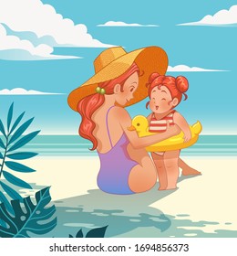 Happy Mother's day greeting card. young mother with her child. vector illustration