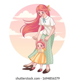 Happy Mother's day greeting card. young mother with her child. vector illustration