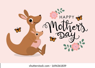 Happy Mother's Day greeting card with kangaroo and baby, joey. Australia animal wildlife cartoon character. -Vector 