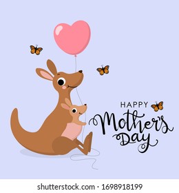 Happy Mother's Day greeting card with kangaroo and baby, joey get a heart balloon. Australia animal wildlife cartoon character. -Vector 