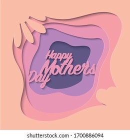 Happy Mother's Day greeting card. Modern Happy Mothers Day lettering on paper cut background in pink and beige colours. Hand drawn vector in paper cut style.