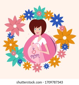 Happy Mother's Day greeting card design, Strong Pregnant Women Vector, Vector Illustration.