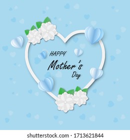 Happy Mother's day greeting card. Paper cut jasmine flower and heart frame, blue background. Vector illustration.