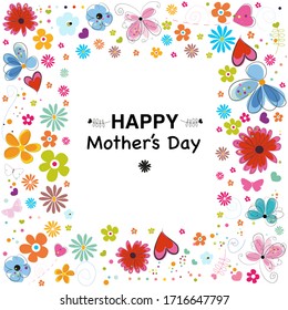 Happy Mother's day greeting card with frame decorative hand drawn abstract flowers background