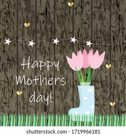 Happy Mothers day greeting card in vector. Mothers day card with tulips and hearts.