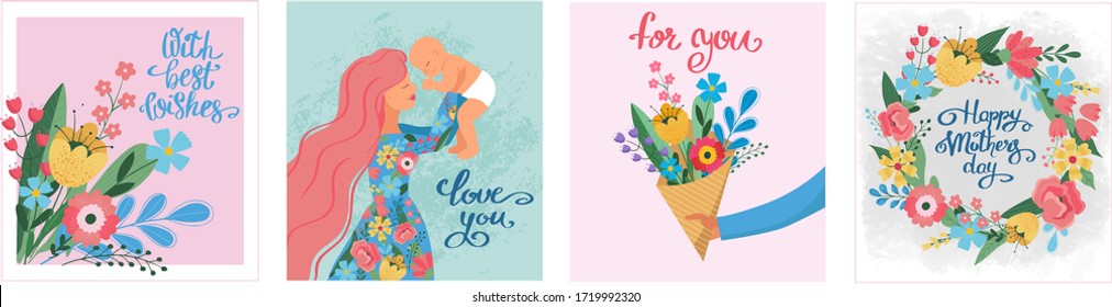 Happy Mother`s Day Greeting Card with flowers. Vector Illustration Of Mother Holding Baby In Arms.