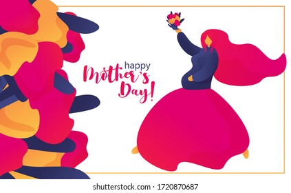 A Happy Mother's Day greeting card with a beautiful red-haired pregnant woman dancing excitedly and holding a bunch of flowers. Vector illustration in modern style for presentation, web page, app.