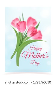 Happy Mother's Day Greeting Card. Flyer with Bouquet of Tulips on a Blue Sky Background. Flower Vector Postcard. 