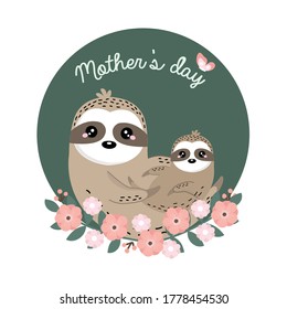 Happy Mother's Day greeting card with sloth and baby cartoon.