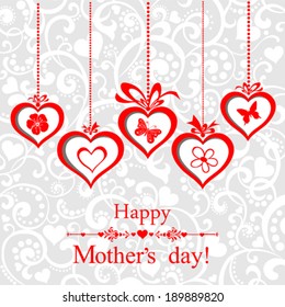 Happy Mother's Day! Greeting card. Celebration grey background with hearts and place for your text. Vector Illustration 