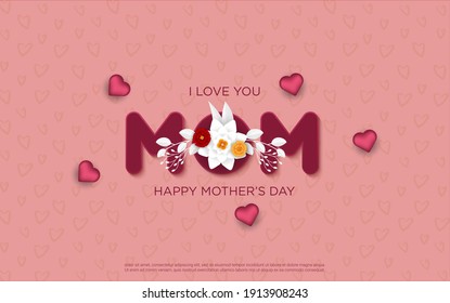 Happy Mother's day greeting card. Flower with 3d letters, white holiday background. Vector illustration.
