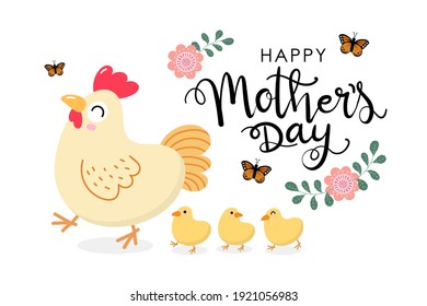 Happy Mother's Day greeting card with cute hen and chick. Chicken and baby. Animal cartoon character set. Vector in flat style.