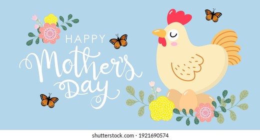 Happy Mother's Day greeting card with cute hen and eggs. Chicken and baby. Animal cartoon character set. Vector in flat style.