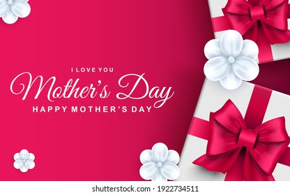 Happy Mother's Day Greeting Card. Gift Boxes With Pink Ribbon Bows And White Flowers. Family Holiday Congratulation, Vector Illustration. Art Realism, Beautiful Web Banner With Realistic 3d Elements.