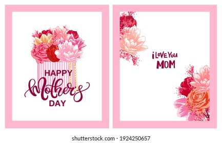 Happy Mother's Day Greeting Card. Composition with lettering and flowers, tulips, roses. Hand written congratulations for mom, mommy with love. 