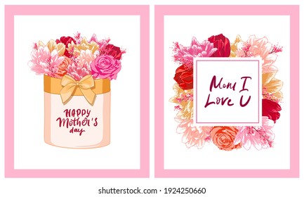 Happy Mother's Day Greeting Card. Composition with lettering and flowers, tulips, roses. Hand written congratulations for mom, mommy with love. 