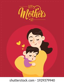 Happy Mothers Day Greeting Card. Happy mother holding her son in hand. Vector illustration. Mother's Day Calligraphy card, poster.