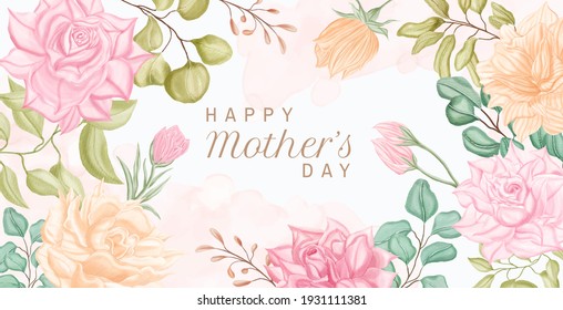 Happy mother's day greeting card design with watercolor flower background