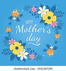 Happy mother's day greeting card design with flower and typography letter on blue background. celebration illustration template for banner, flyer, invitation, brochure, poster.