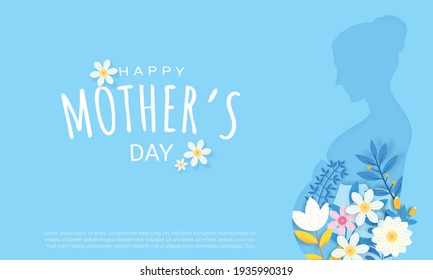 Happy Mother's Day Greeting Card Design With Flower And Typography Letter On Blue Background. Celebration Illustration Template For Banner, Flyer, Invitation, Brochure, Poster.