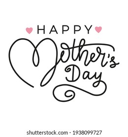 Happy Mother's Day Greeting Card With Lettering And Pink Heart Background. Hand Drawn Typography Design. Spring Mother's Day Holiday Vector Illustration For Logo, Label, Print, Poster Or Invitation