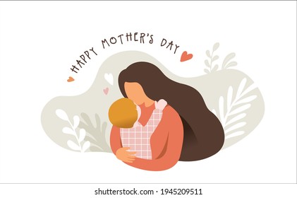 Happy Mother's Day greeting card. Vector illustration of a mother and young son hugging each other.