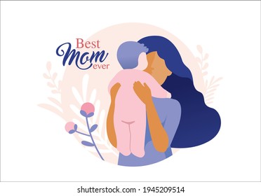 Happy Mother's Day greeting card. Vector illustration of a mother carrying her baby.