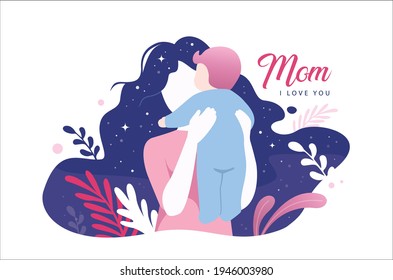 Happy Mother's Day greeting card. Vector illustration of a mother carrying her baby.