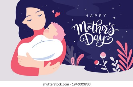 Happy Mother's Day greeting card. Vector illustration of a mother holding baby son in arms.