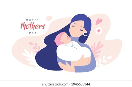 Happy Mother's Day greeting card. Vector illustration of a mother holding baby son in arms.