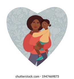 Happy Mothers Day Greeting Card. I love you mom. Young women and little daughter. African American people. Vector Illustration. Heart Shape and Doodle flowers