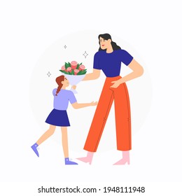 Happy Mothers Day greeting card. 
Vector illustration with female character and her child with bouquet of flowers.
