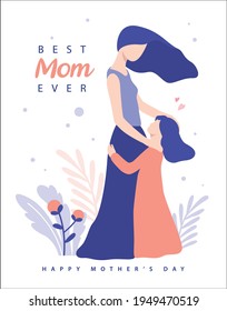 Happy Mother's Day greeting card. Vector illustration of mother and daughter with garden background.