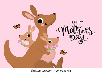 Tarjeta de felicitación del Día de la Madre con canguro y bebé, joey. Caricatura de animales salvajes de Australia. -Vector 