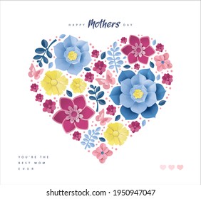 Happy Mother's Day greeting card. Vector illustration of colorful flowers and plants in heart shape composition.