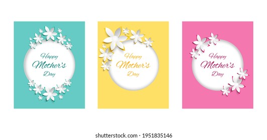 Happy Mother's day.Set of greeting card for mother's day with congratulations.Applique card , background with flower.Paper cut flowers with a frames. Origami 3D flowers.Pink,yellow, green colors.Vecto