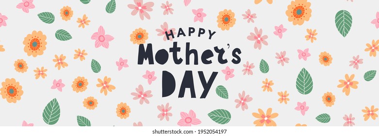 Happy Mothers day greeting card with typographic design and floral elements. Vector illustration. Paper cut style with blooming flowers, leaves and abstract shapes on white background.