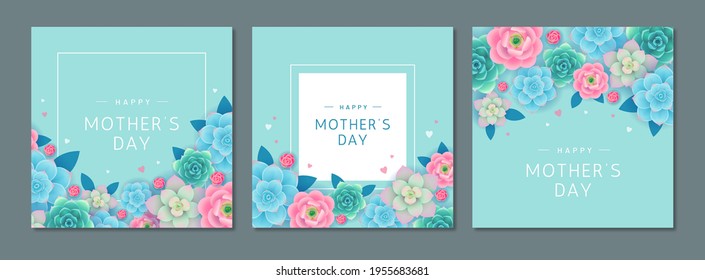 Happy Mother's day. Greeting card set with beautiful flowers and hearts on turquoise background. Banner or poster design template for mom's holiday